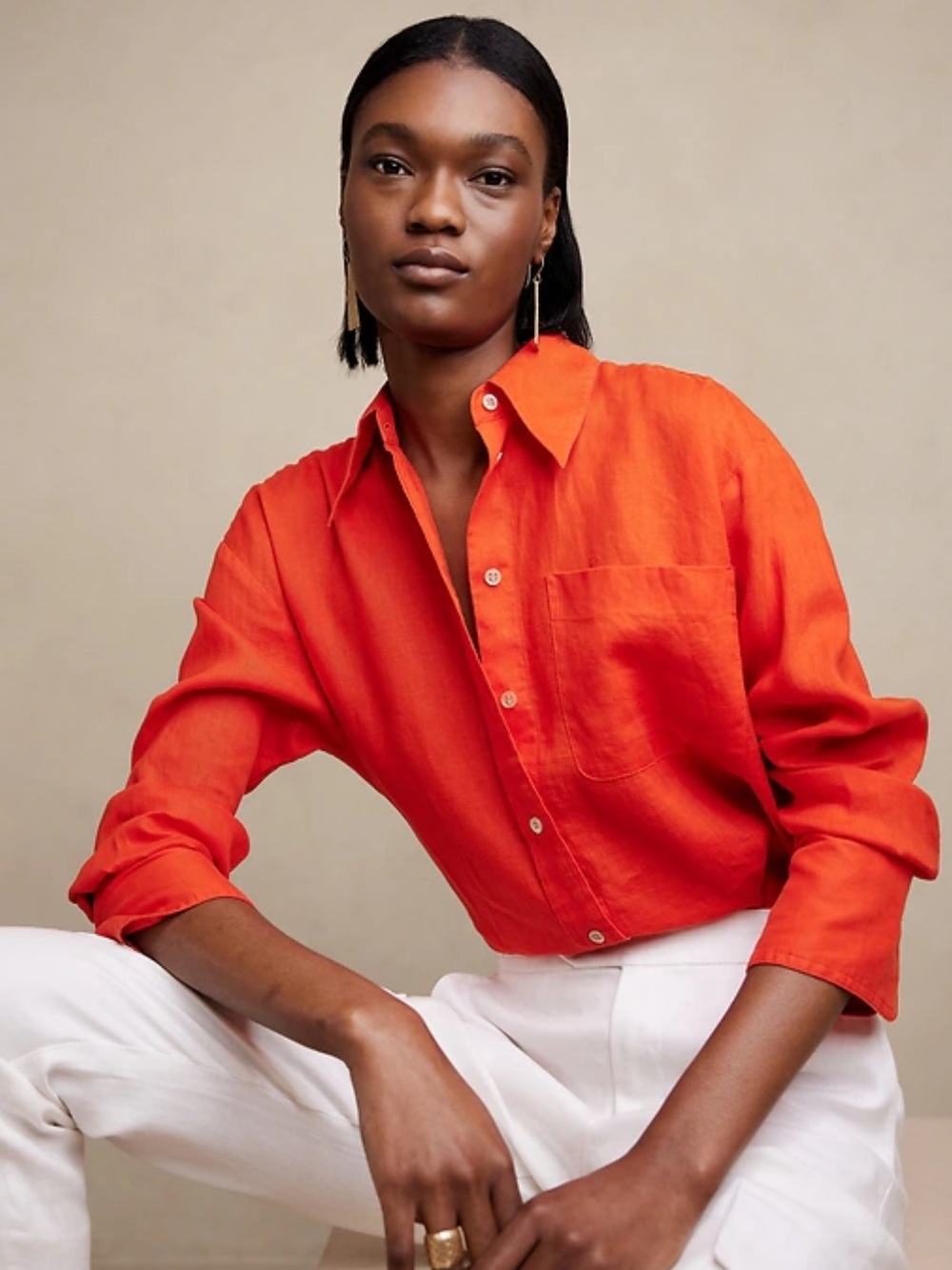 Banana Republic 100% Linen Oversized Button Down Shirt Red Orange SZ M